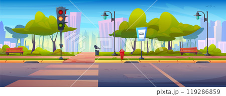 City street with road crossing and green park City street with road crossing and green park 119286859