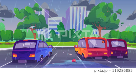 Cars standing on parking lot in city in rain. Cars standing on parking lot in city in rain. 119286883