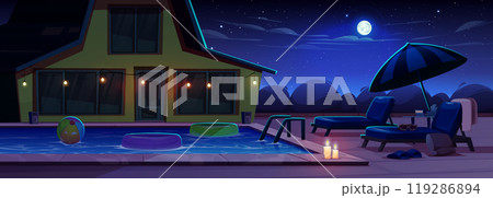 Cartoon beach house with swimming pool at night 119286894