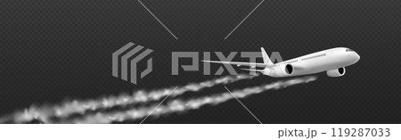 Plane condensation trail with smoke cloud vector 119287033