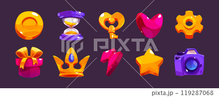 Cartoon game interface icon with crown and key ui Cartoon game interface icon with crown and key ui 119287068
