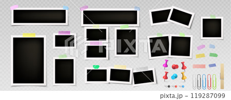 Vector photo frame collage with push pin and tape Vector photo frame collage with push pin and tape 119287099