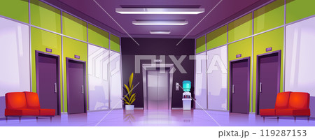 Office corridor interior with doors and elevator 119287153