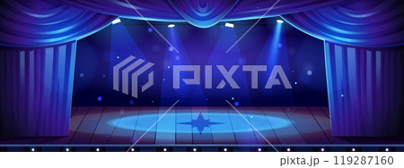 Cartoon theater stage with blue curtains Cartoon theater stage with blue curtains 119287160