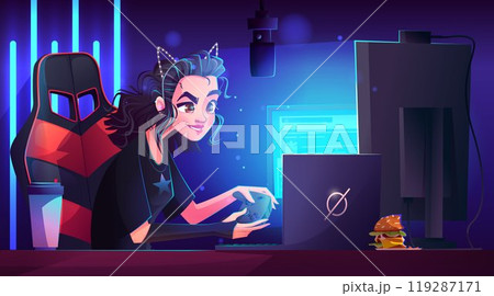 Girl gamer character and computer equipment vector 119287171
