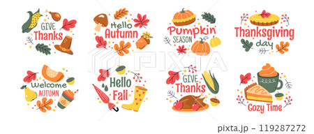 Fall stickers with autumn phrases, hand drawn lettering and quotes for thanksgiving day 119287272