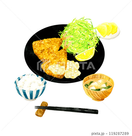 アジフライ定食　料理・食べ物の手描き水彩イラスト素材 119287289