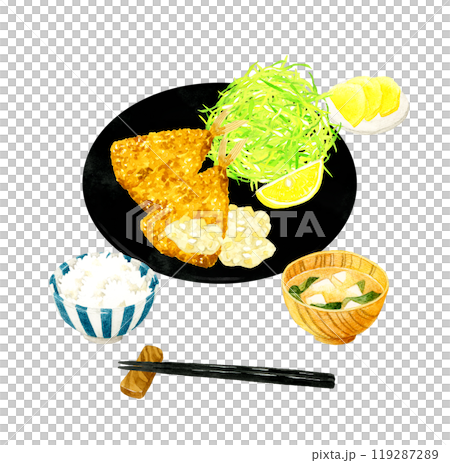 Horse mackerel fry set meal Hand-drawn watercolor illustration material of cuisine and food 119287289