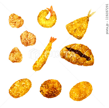 揚げ物・フライのセット　料理・食べ物の手描き水彩イラスト素材集 119287291
