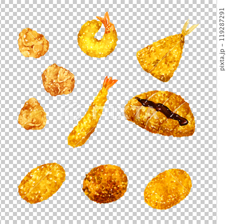 揚げ物・フライのセット　料理・食べ物の手描き水彩イラスト素材集 119287291