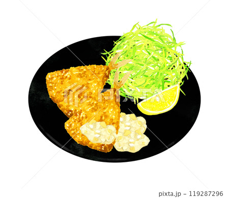 皿に乗ったアジフライとキャベツの千切り　料理・食べ物の手描き水彩イラスト素材 119287296