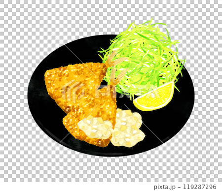皿に乗ったアジフライとキャベツの千切り　料理・食べ物の手描き水彩イラスト素材 119287296
