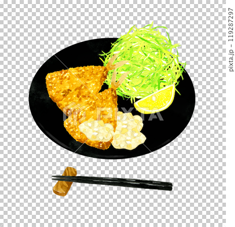 Fried horse mackerel and shredded cabbage on a plate. Hand-drawn watercolor illustration of cuisine and food. 119287297