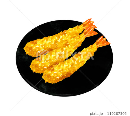 皿に乗ったエビフライ　料理・食べ物の手描き水彩イラスト素材 119287303