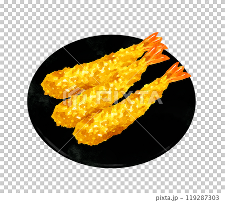 Fried shrimp on a plate Hand-drawn watercolor illustration of cuisine and food 119287303
