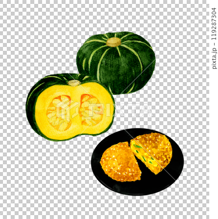 Pumpkin croquette and pumpkin set Hand-drawn watercolor illustration of food and cuisine 119287304