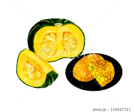 かぼちゃコロッケとかぼちゃのセット　料理・食べ物の手描き水彩イラスト素材 119287311