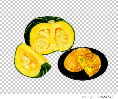 南瓜炸丸子和南瓜套裝，手繪水彩插畫材料，用於烹飪和食品 119287311