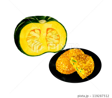 かぼちゃコロッケとかぼちゃのセット　料理・食べ物の手描き水彩イラスト素材 119287312