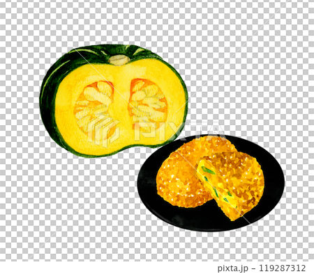 かぼちゃコロッケとかぼちゃのセット　料理・食べ物の手描き水彩イラスト素材 119287312