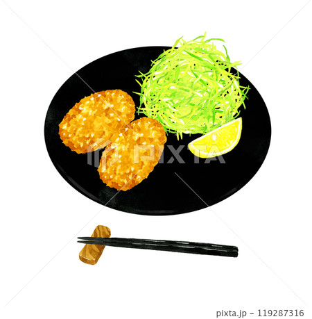 皿に乗ったかにクリームコロッケとキャベツの千切り　料理・食べ物の手描き水彩イラスト素材 119287316