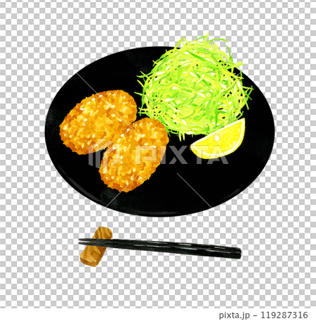 皿に乗ったかにクリームコロッケとキャベツの千切り　料理・食べ物の手描き水彩イラスト素材 119287316