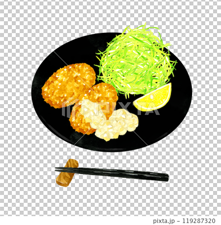 皿に乗ったかにクリームコロッケとキャベツの千切り　料理・食べ物の手描き水彩イラスト素材 119287320