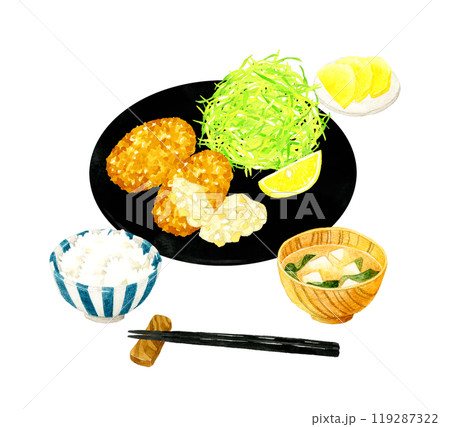 かにクリームコロッケ定食 料理・食べ物の手描き水彩イラスト素材 かにクリームコロッケ定食 料理・食べ物の手描き水彩イラスト素材 119287322