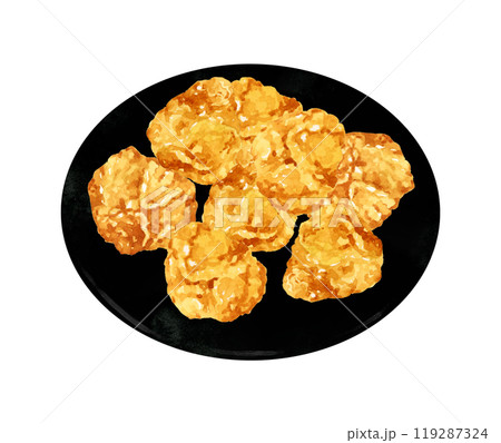皿に乗ったからあげ　料理・食べ物の手描き水彩イラスト素材 119287324