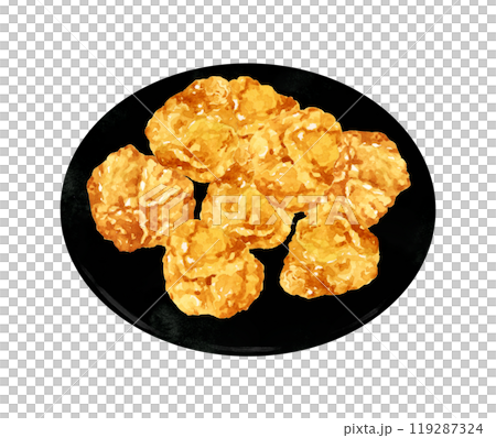 皿に乗ったからあげ　料理・食べ物の手描き水彩イラスト素材 119287324