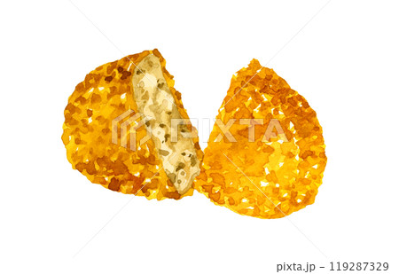 半分に切ったコロッケ 料理・食べ物の手描き水彩イラスト素材 半分に切ったコロッケ 料理・食べ物の手描き水彩イラスト素材 119287329