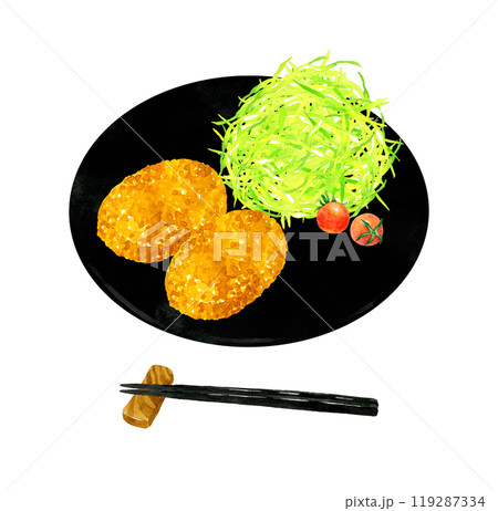 皿に乗ったコロッケとキャベツの千切り　料理・食べ物の手描き水彩イラスト素材 119287334