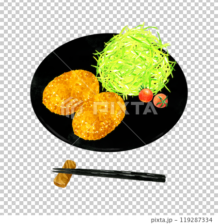 皿に乗ったコロッケとキャベツの千切り　料理・食べ物の手描き水彩イラスト素材 119287334