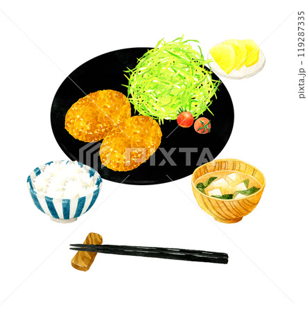 コロッケ定食　料理・食べ物の手描き水彩イラスト素材 119287335