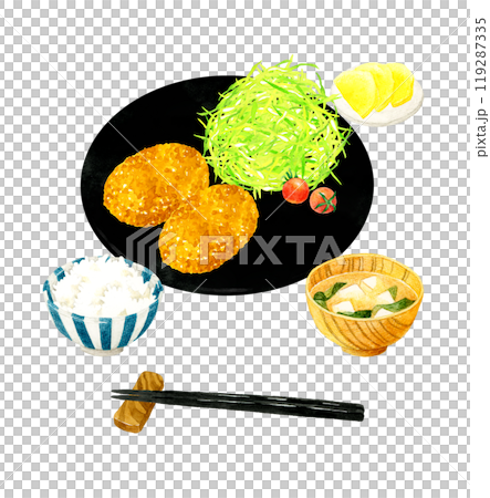 コロッケ定食　料理・食べ物の手描き水彩イラスト素材 119287335