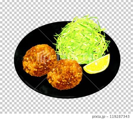 Minced meat cutlet and shredded cabbage on a plate Hand-drawn watercolor illustration of cuisine and food 119287343