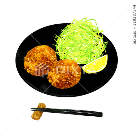 皿に乗ったメンチカツとキャベツの千切り　料理・食べ物の手描き水彩イラスト素材 119287344