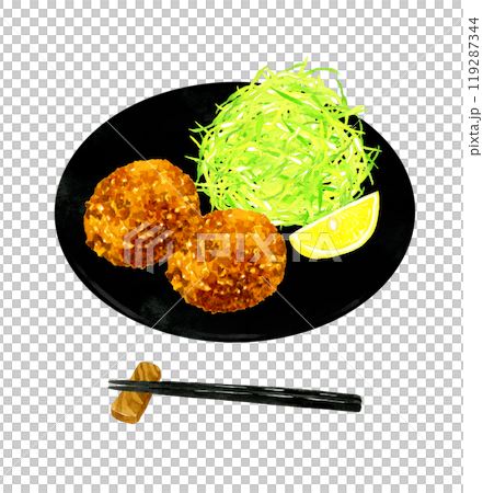 Minced meat cutlet and shredded cabbage on a plate Hand-drawn watercolor illustration of cuisine and food 119287344