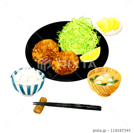 メンチカツ定食　料理・食べ物の手描き水彩イラスト素材 119287345