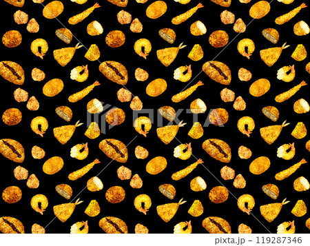 揚げ物・フライのシームレスパターン 手描き水彩イラストの食べ物柄 揚げ物・フライのシームレスパターン 手描き水彩イラストの食べ物柄 119287346