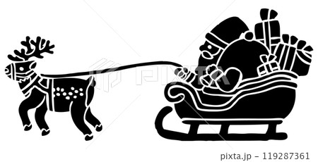 そりに乗るサンタクロースとトナカイの版画風ベクターイラスト 119287361