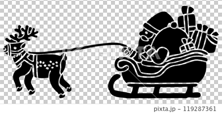 そりに乗るサンタクロースとトナカイの版画風ベクターイラスト 119287361