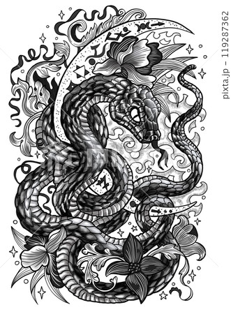 Hand drawn graphic illustration with snake - symbol of the year according to chinese calendar horoscope, moon and flowers. Esoteric, gothic and mystic artwork, epic concept for print, tattoo 119287362