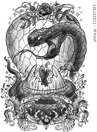 Loving mother. Hand drawn graphic illustration with snake - symbol of the year according to chinese calendar horoscope, and her child in the egg. Esoteric, gothic and mystic artwork, epic concept for  119287363