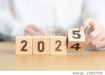 2024 change to 2025 year block on table. goal, Resolution, strategy, plan, start, budget, mission, action, motivation and New Year concepts 119287438