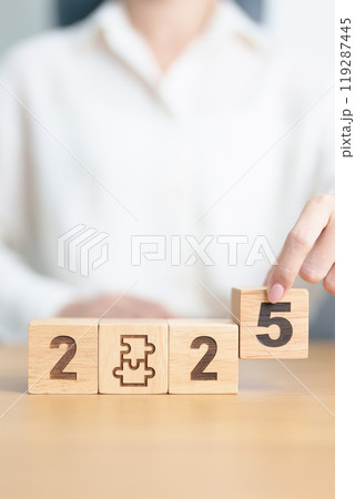 2025 block with jigsaw puzzle icon. Business Process, Team, teamwork, Goal, mission, Resolution, strategy, plan, Action, partnership, and New Year start 119287445