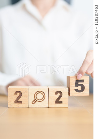 2025 block with magnifying glass icon. SEO, Search Engine Optimization, hiring , Advertising, Idea, Strategy, marketing, Keyword, Content and New Year start concepts 2025 block with magnifying glass icon. SEO, Search Engine Optimization, hiring , Advertising, Idea, Strategy, marketing, Keyword, Content and New Year start concepts 119287463