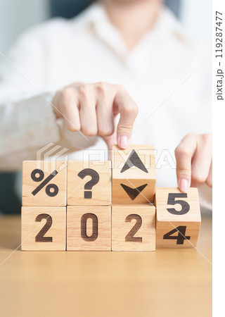 2024 to 2025 New year with questions mark and percentage icon. Interest rate, GDP, stocks market, financial, deflation and Inflation, mortgage, debt, Loan and Economic Recession 119287477