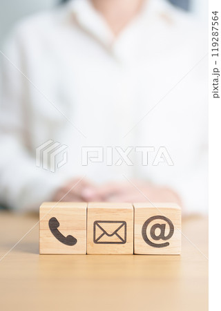 Contact Us concepts. Wood block of Email, call Phone and Website Address sign. For Customer support hotline, business Marketing, Corporate, communication and Advertising 119287564