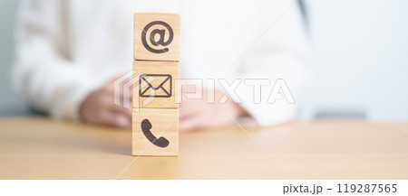 Contact Us concepts. Wood block of Email, call Phone and Website Address sign. For Customer support hotline, business Marketing, Corporate, communication and Advertising 119287565